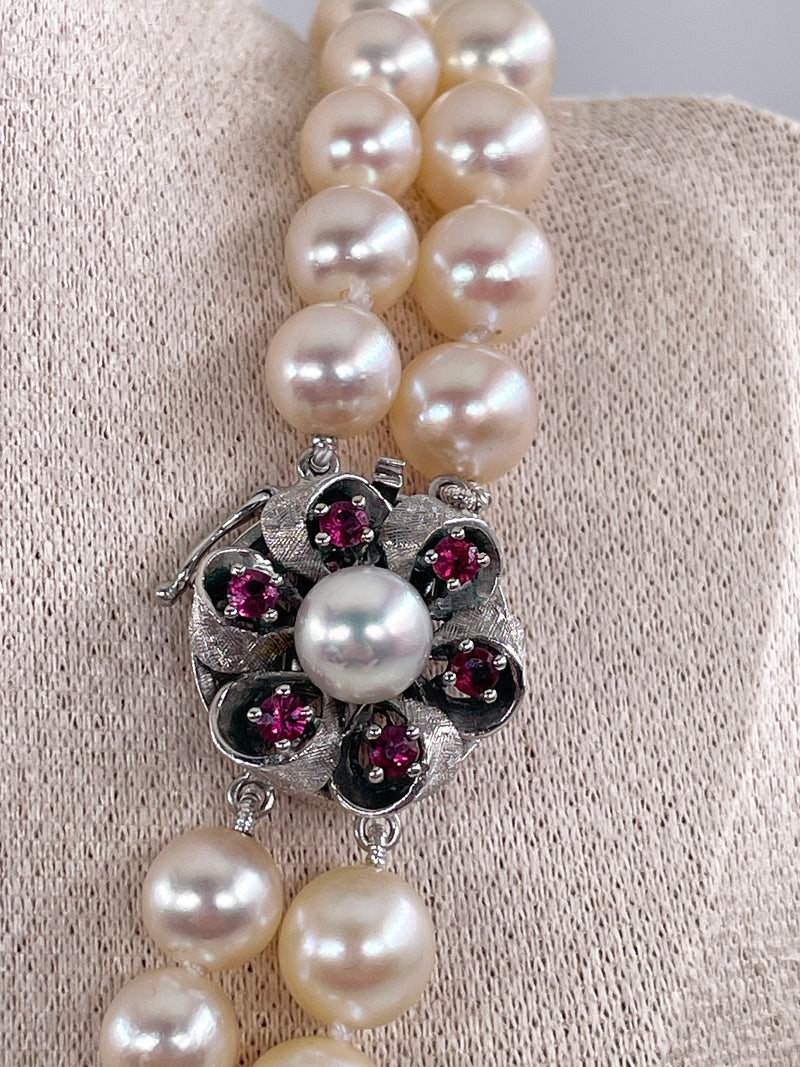 Classic 2 Rows Cultured Japanese White PEARL 7-8.5mm Double Strand Vintage NECKLACE 14k White Gold Ruby Clasp