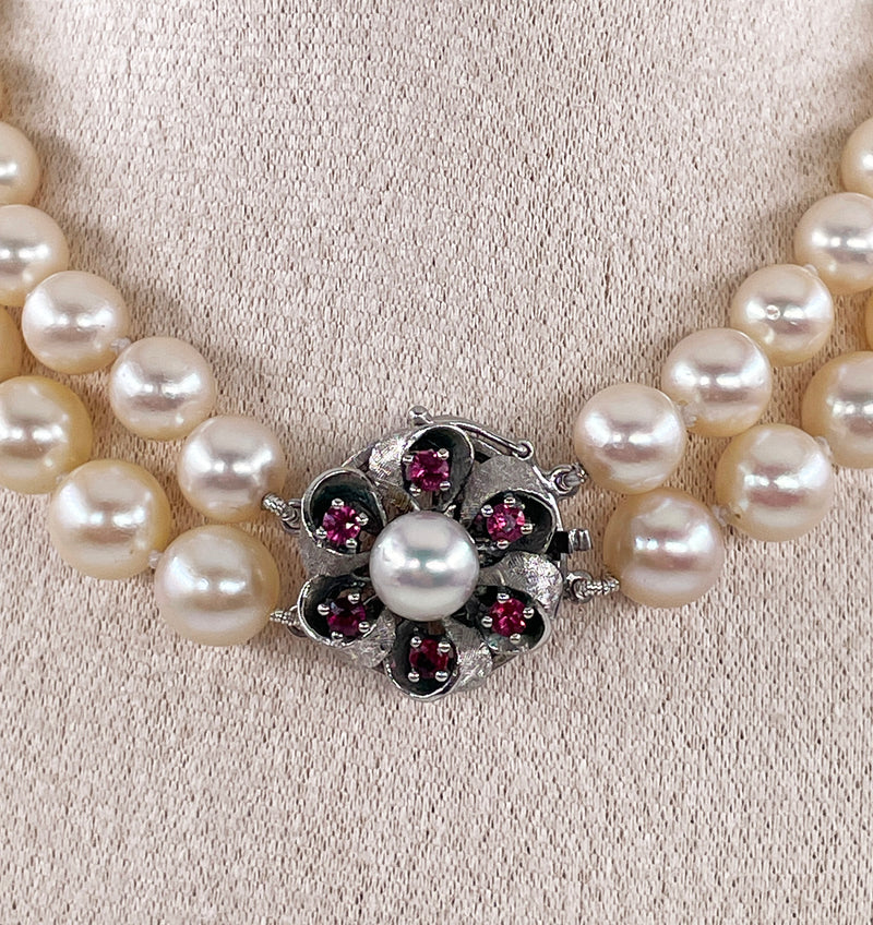 Classic 2 Rows Cultured Japanese White PEARL 7-8.5mm Double Strand Vintage NECKLACE 14k White Gold Ruby Clasp