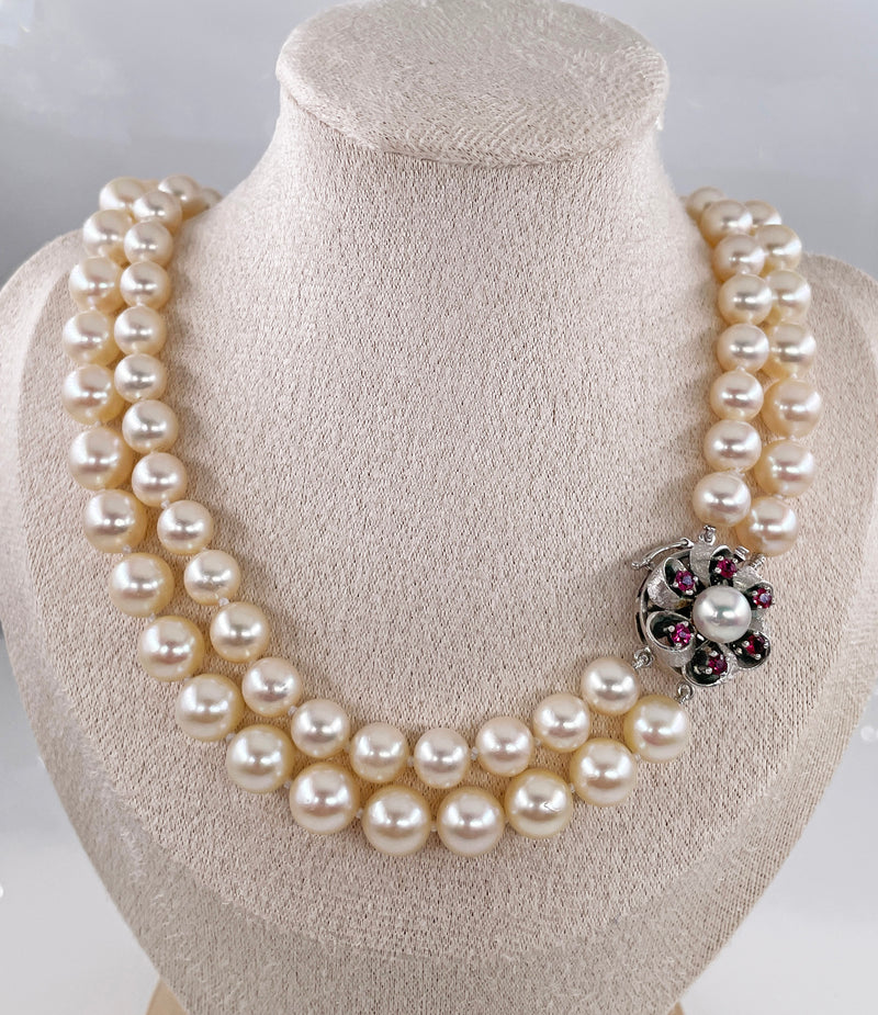 Classic 2 Rows Cultured Japanese White PEARL 7-8.5mm Double Strand Vintage NECKLACE 14k White Gold Ruby Clasp