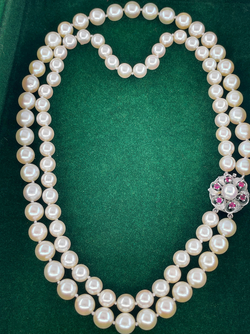 Classic 2 Rows Cultured Japanese White PEARL 7-8.5mm Double Strand Vintage NECKLACE 14k White Gold Ruby Clasp