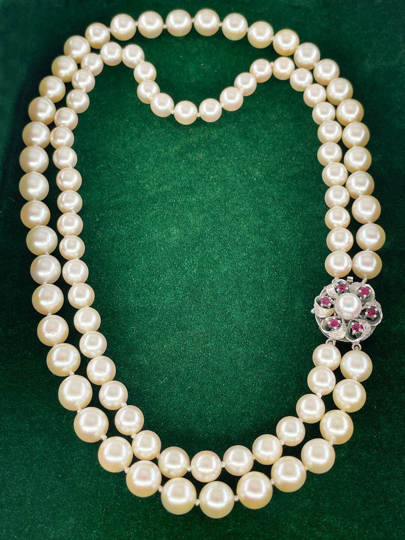 Classic 2 Rows Cultured Japanese White PEARL 7-8.5mm Double Strand Vintage NECKLACE 14k White Gold Ruby Clasp