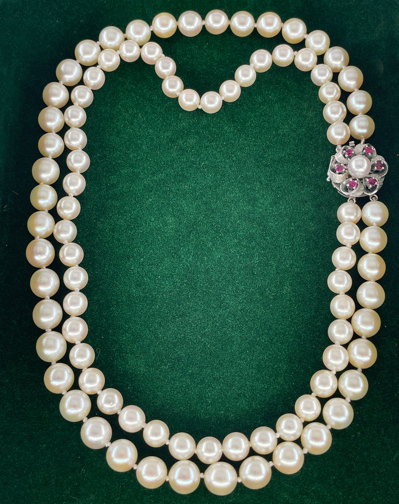 Classic 2 Rows Cultured Japanese White PEARL 7-8.5mm Double Strand Vintage NECKLACE 14k White Gold Ruby Clasp