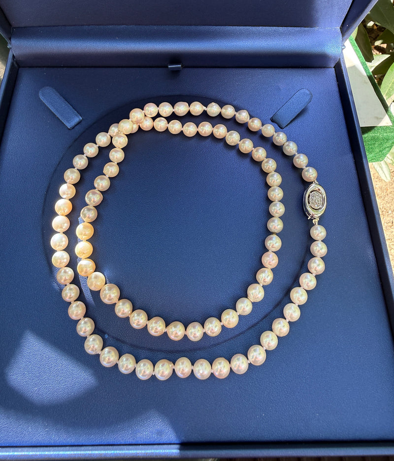 Long 26 3/4" Convertible Diamond Akoya Cultured Japanese 7mm PEARL 14K Gold Vintage NECKLACE