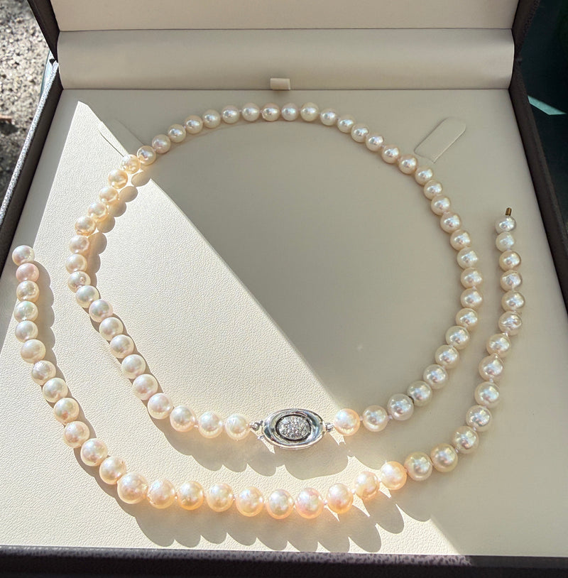 Long 26 3/4" Convertible Diamond Akoya Cultured Japanese 7mm PEARL 14K Gold Vintage NECKLACE
