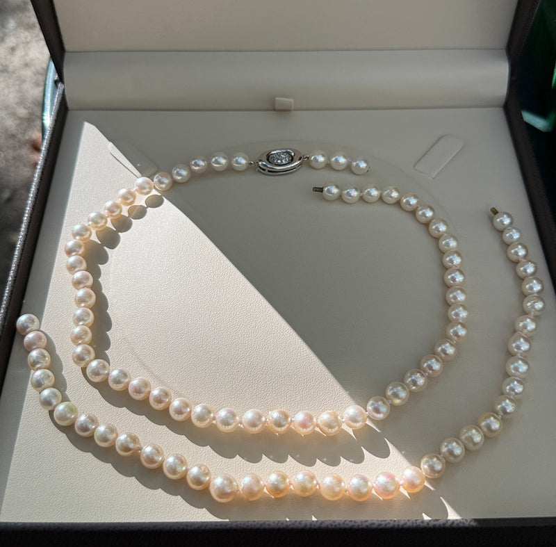 Long 26 3/4" Convertible Diamond Akoya Cultured Japanese 7mm PEARL 14K Gold Vintage NECKLACE