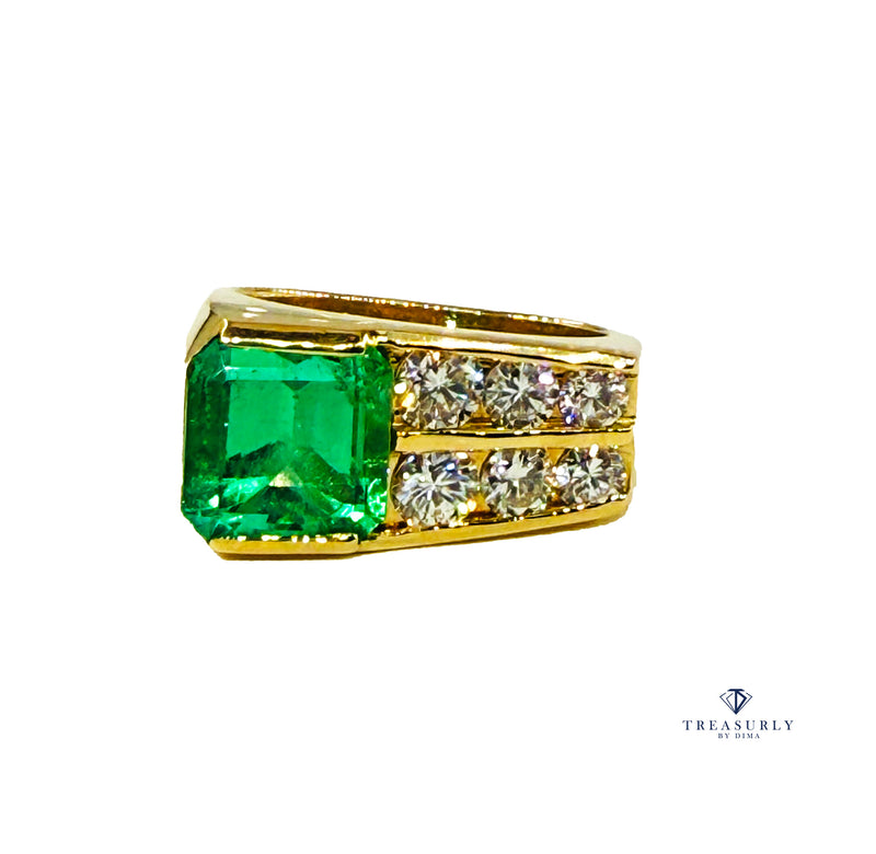 Vintage GIA 4.20ctw Natural Colombian Green Emerald Diamond 18k Yellow Gold Ring, Unisex