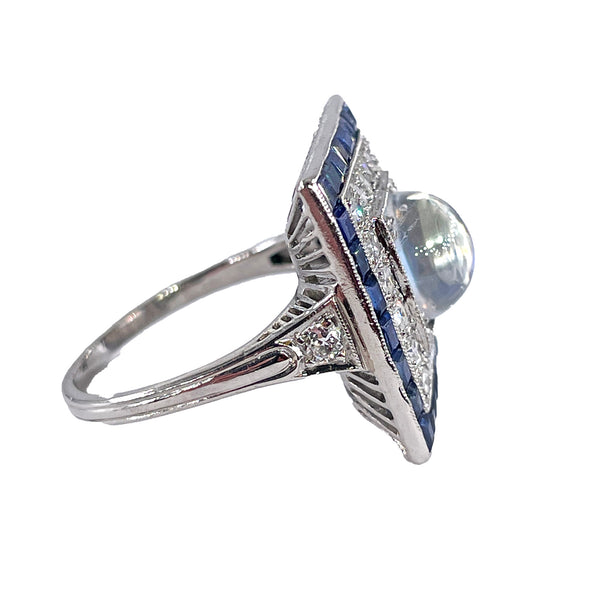 Art Deco 5.54ctw Blue Moonstone Diamond Sapphire Platinum Dinner Ring, Circa 1920