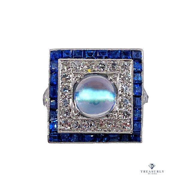 Art Deco 5.54ctw Blue Moonstone Diamond Sapphire Platinum Dinner Ring, Circa 1920