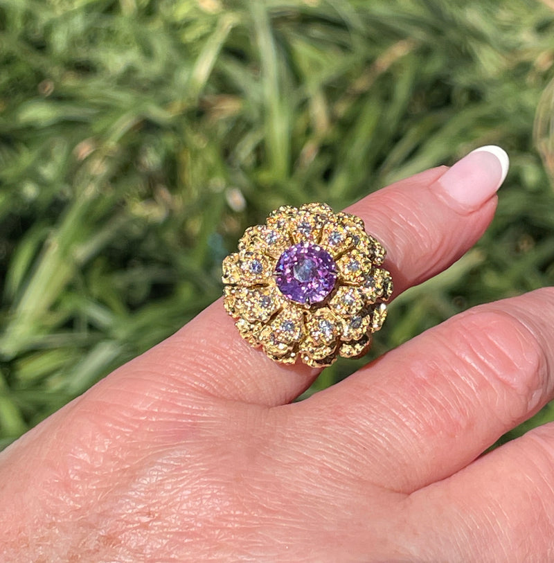 GIA 2.75ctw Natural Unheated Pink Sapphire Diamond 18K Gold Vintage Flower Cocktail Ring, 1960s