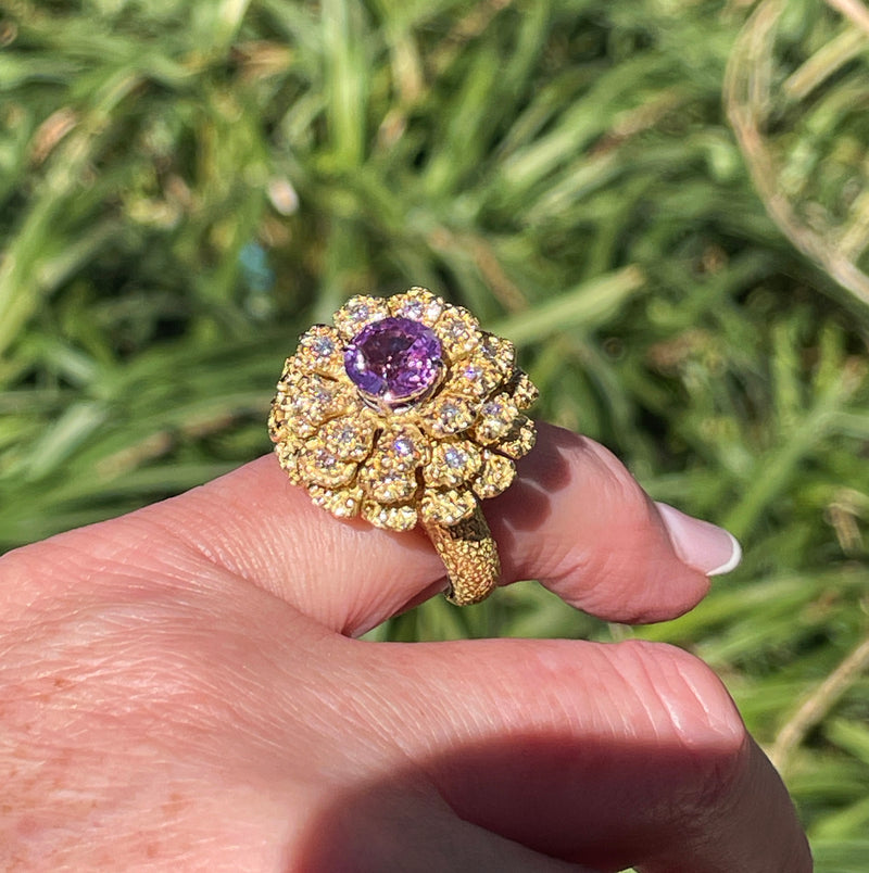 GIA 2.75ctw Natural Unheated Pink Sapphire Diamond 18K Gold Vintage Flower Cocktail Ring, 1960s