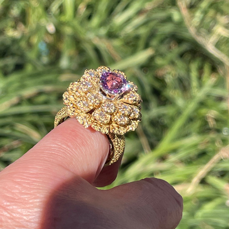 GIA 2.75ctw Natural Unheated Pink Sapphire Diamond 18K Gold Vintage Flower Cocktail Ring, 1960s