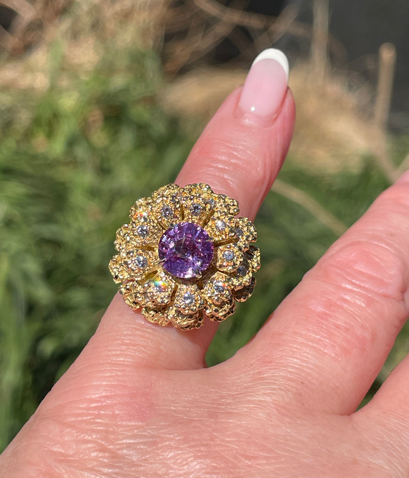 GIA 2.75ctw Natural Unheated Pink Sapphire Diamond 18K Gold Vintage Flower Cocktail Ring, 1960s