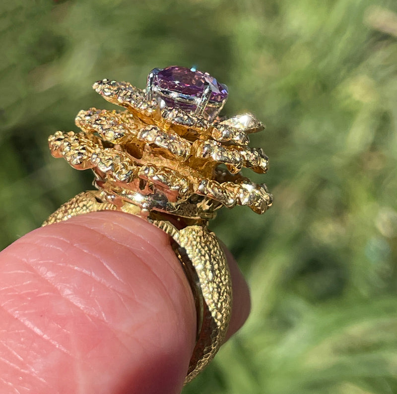 GIA 2.75ctw Natural Unheated Pink Sapphire Diamond 18K Gold Vintage Flower Cocktail Ring, 1960s