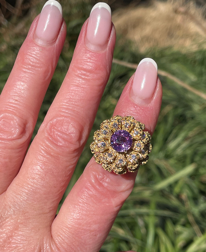 GIA 2.75ctw Natural Unheated Pink Sapphire Diamond 18K Gold Vintage Flower Cocktail Ring, 1960s