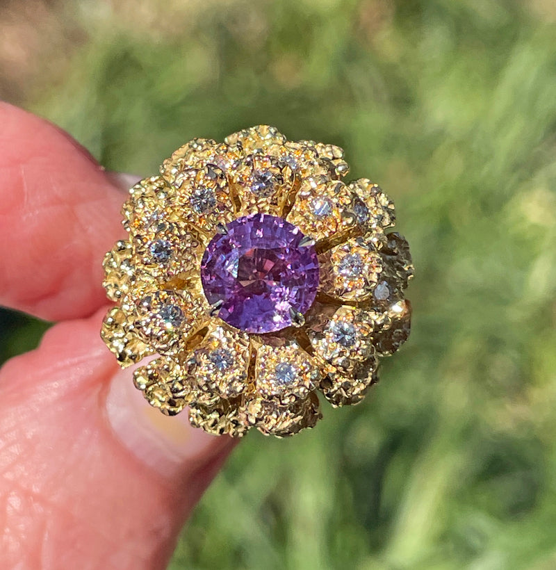 GIA 2.75ctw Natural Unheated Pink Sapphire Diamond 18K Gold Vintage Flower Cocktail Ring, 1960s