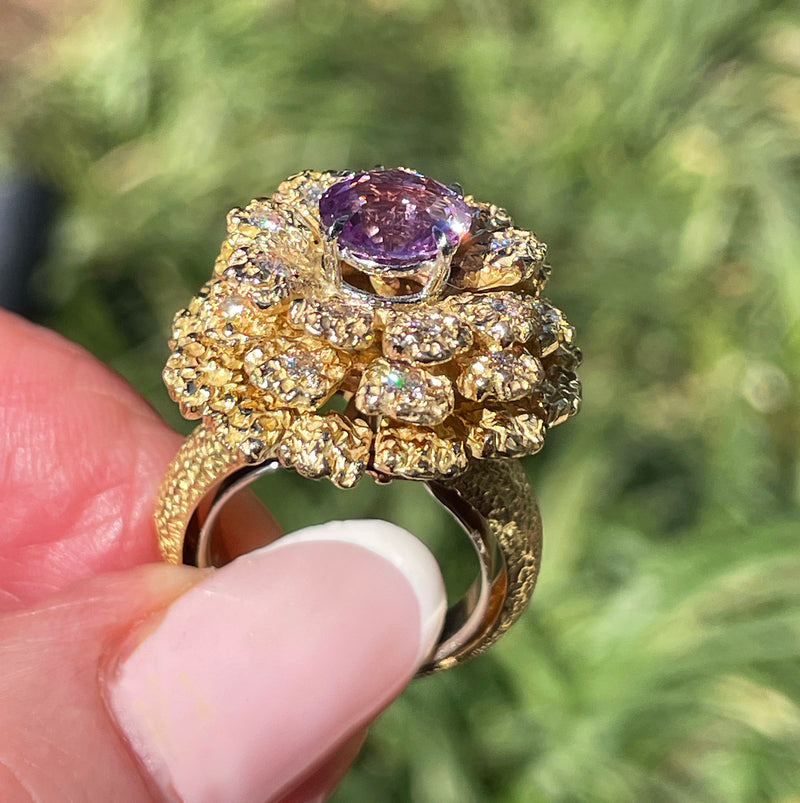 GIA 2.75ctw Natural Unheated Pink Sapphire Diamond 18K Gold Vintage Flower Cocktail Ring, 1960s