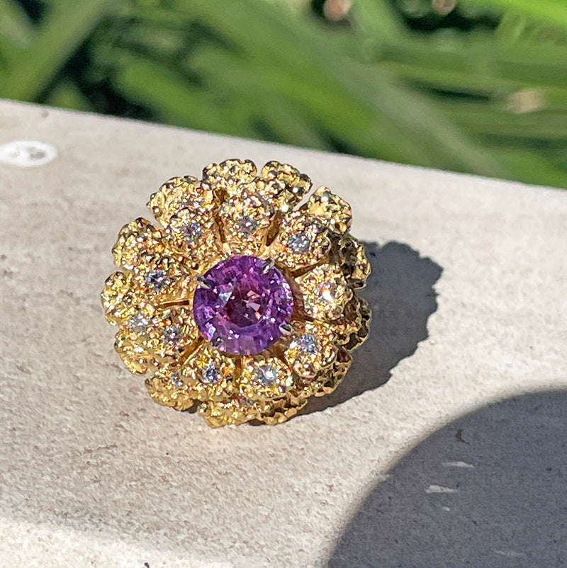 GIA 2.75ctw Natural Unheated Pink Sapphire Diamond 18K Gold Vintage Flower Cocktail Ring, 1960s