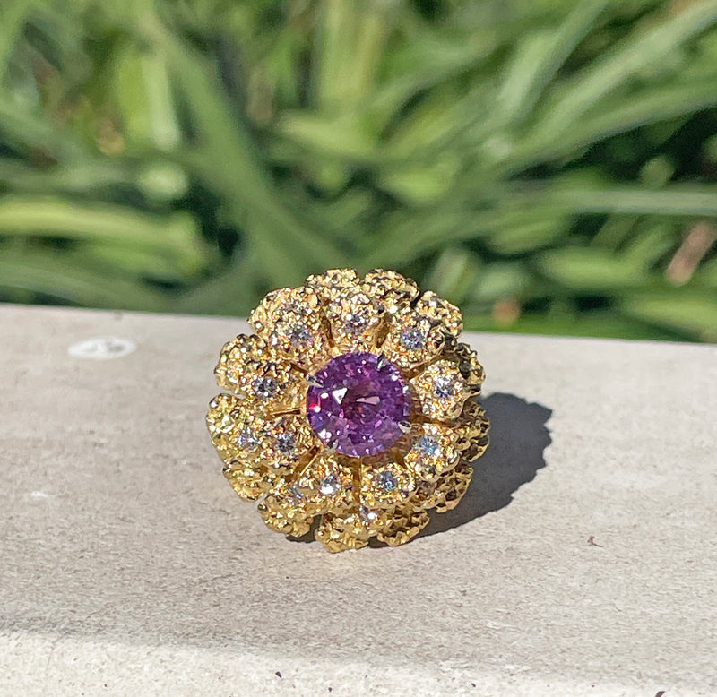 GIA 2.75ctw Natural Unheated Pink Sapphire Diamond 18K Gold Vintage Flower Cocktail Ring, 1960s