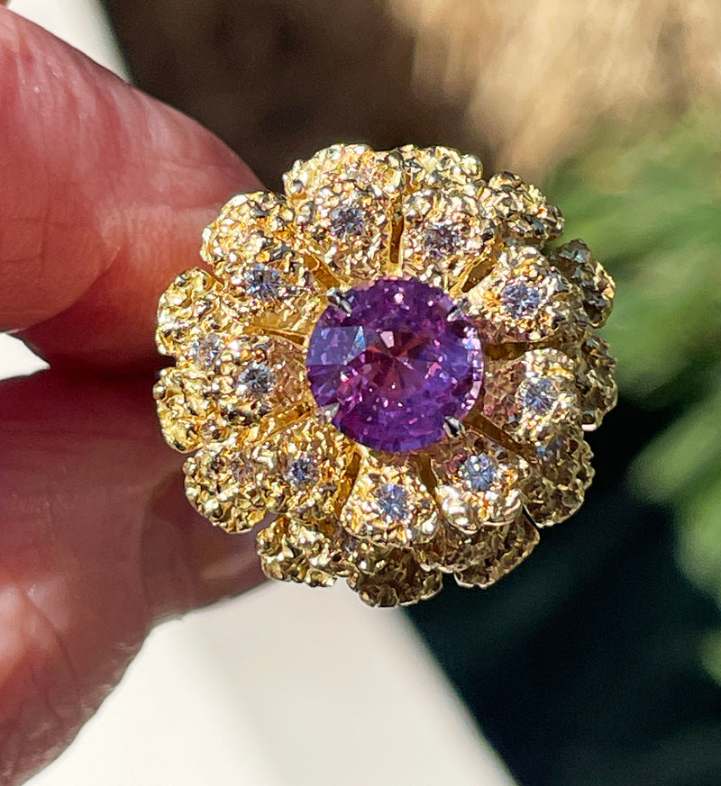 GIA 2.75ctw Natural Unheated Pink Sapphire Diamond 18K Gold Vintage Flower Cocktail Ring, 1960s