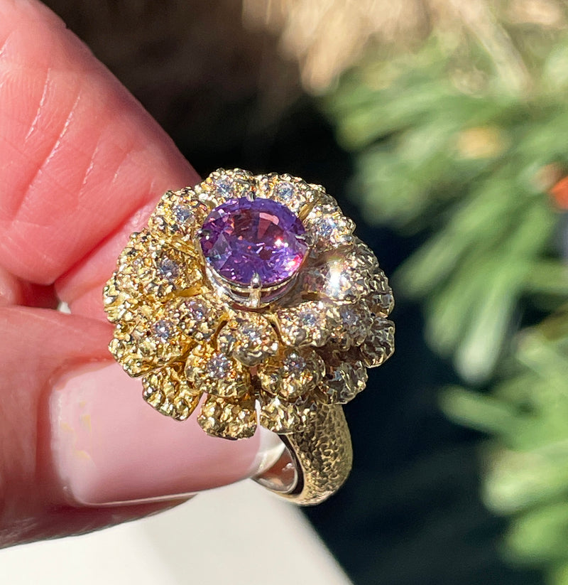 GIA 2.75ctw Natural Unheated Pink Sapphire Diamond 18K Gold Vintage Flower Cocktail Ring, 1960s