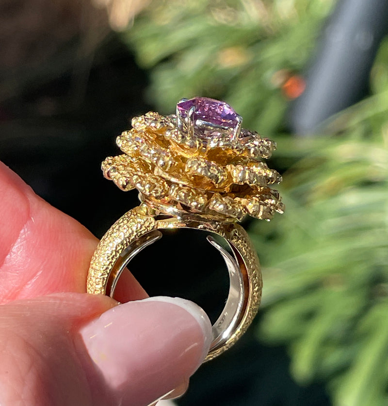 GIA 2.75ctw Natural Unheated Pink Sapphire Diamond 18K Gold Vintage Flower Cocktail Ring, 1960s