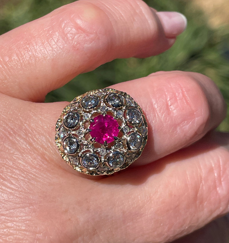 Burmese GIA 2.53ctw Natural Red RUBY Diamond 18K Gold Vintage Cocktail Ring, 1970s