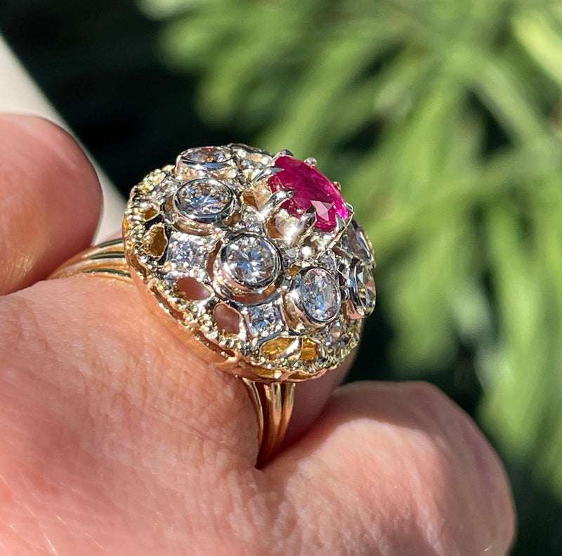 Burmese GIA 2.53ctw Natural Red RUBY Diamond 18K Gold Vintage Cocktail Ring, 1970s