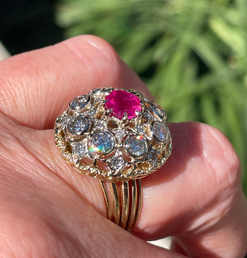 Burmese GIA 2.53ctw Natural Red RUBY Diamond 18K Gold Vintage Cocktail Ring, 1970s