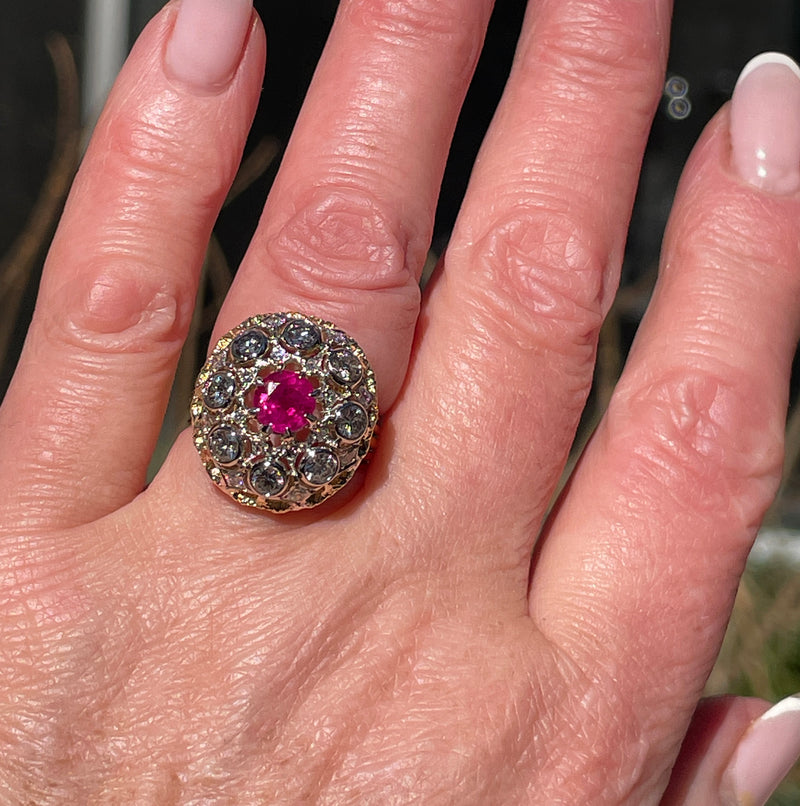 Burmese GIA 2.53ctw Natural Red RUBY Diamond 18K Gold Vintage Cocktail Ring, 1970s