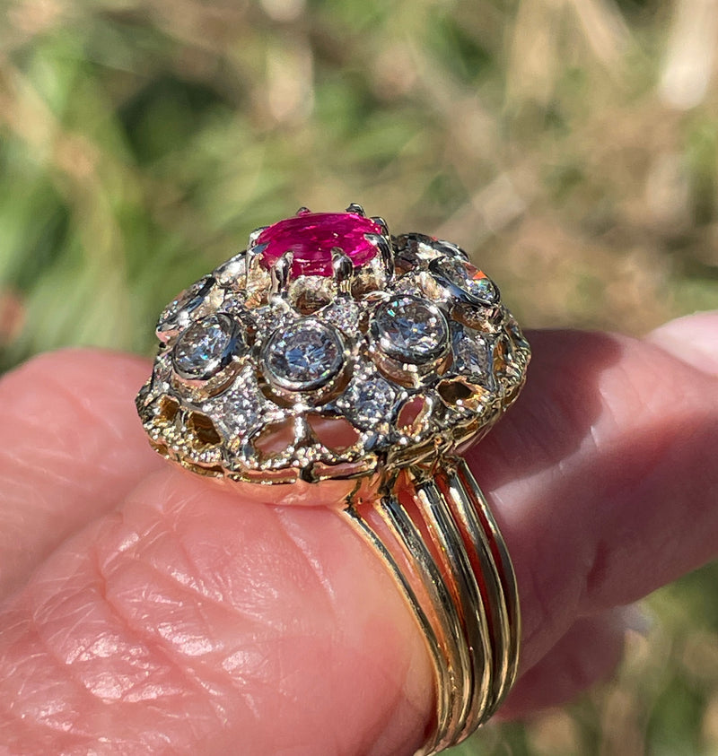 Burmese GIA 2.53ctw Natural Red RUBY Diamond 18K Gold Vintage Cocktail Ring, 1970s