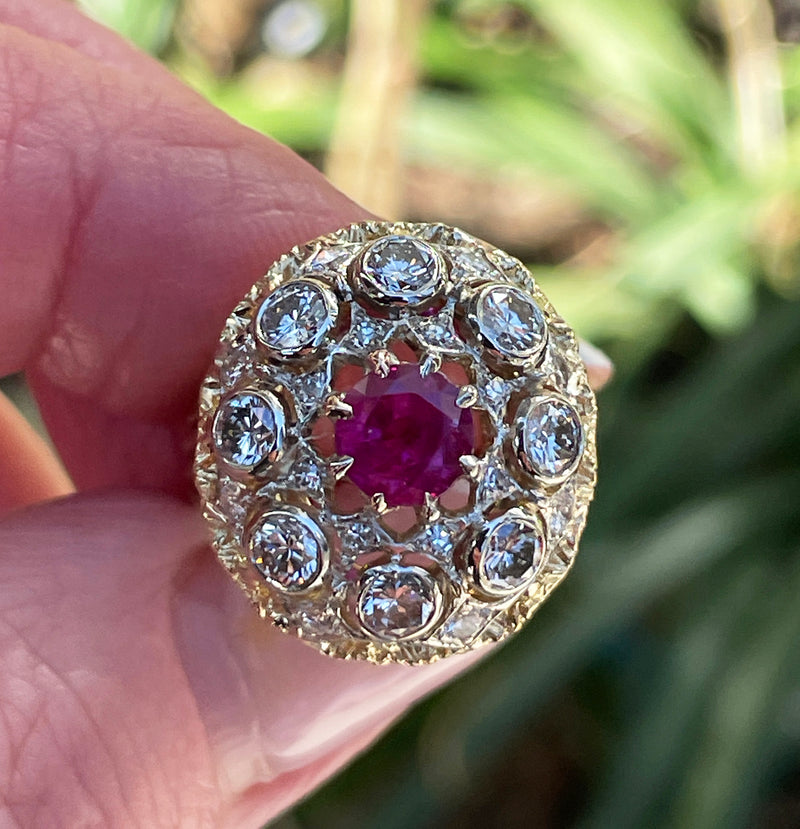 Burmese GIA 2.53ctw Natural Red RUBY Diamond 18K Gold Vintage Cocktail Ring, 1970s