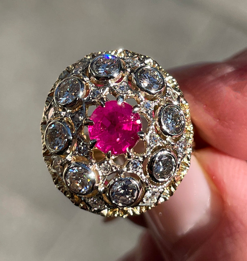 Burmese GIA 2.53ctw Natural Red RUBY Diamond 18K Gold Vintage Cocktail Ring, 1970s