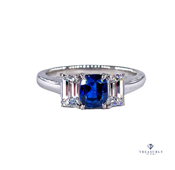 GIA Vintage TIFFANY & Co 1.75ctw No-Heat Blue Sapphire and Diamond 3 Stone Platinum Ring