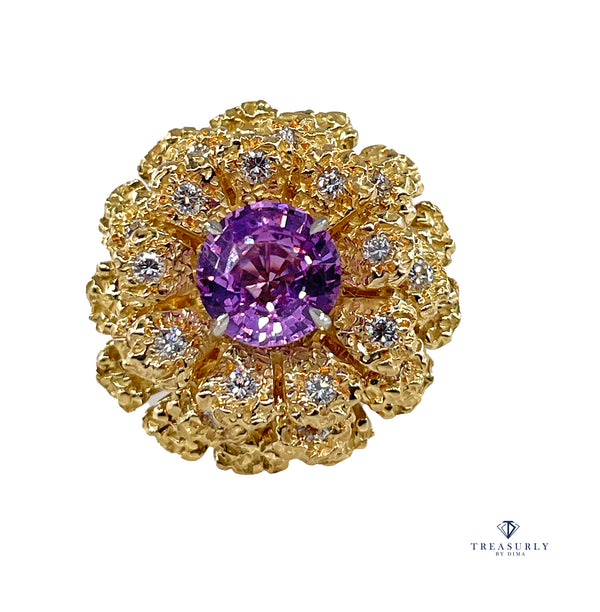 GIA 2.75ctw Natural Unheated Pink Sapphire Diamond 18K Gold Vintage Flower Cocktail Ring, 1960s