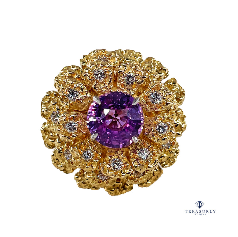 GIA 2.75ctw Natural Unheated Pink Sapphire Diamond 18K Gold Vintage Flower Cocktail Ring, 1960s