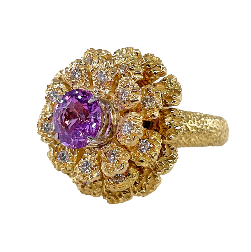 GIA 2.75ctw Natural Unheated Pink Sapphire Diamond 18K Gold Vintage Flower Cocktail Ring, 1960s