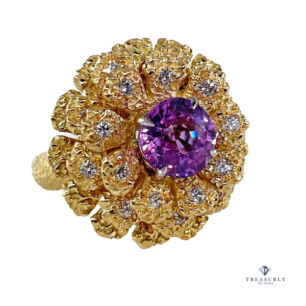 GIA 2.75ctw Natural Unheated Pink Sapphire Diamond 18K Gold Vintage Flower Cocktail Ring, 1960s