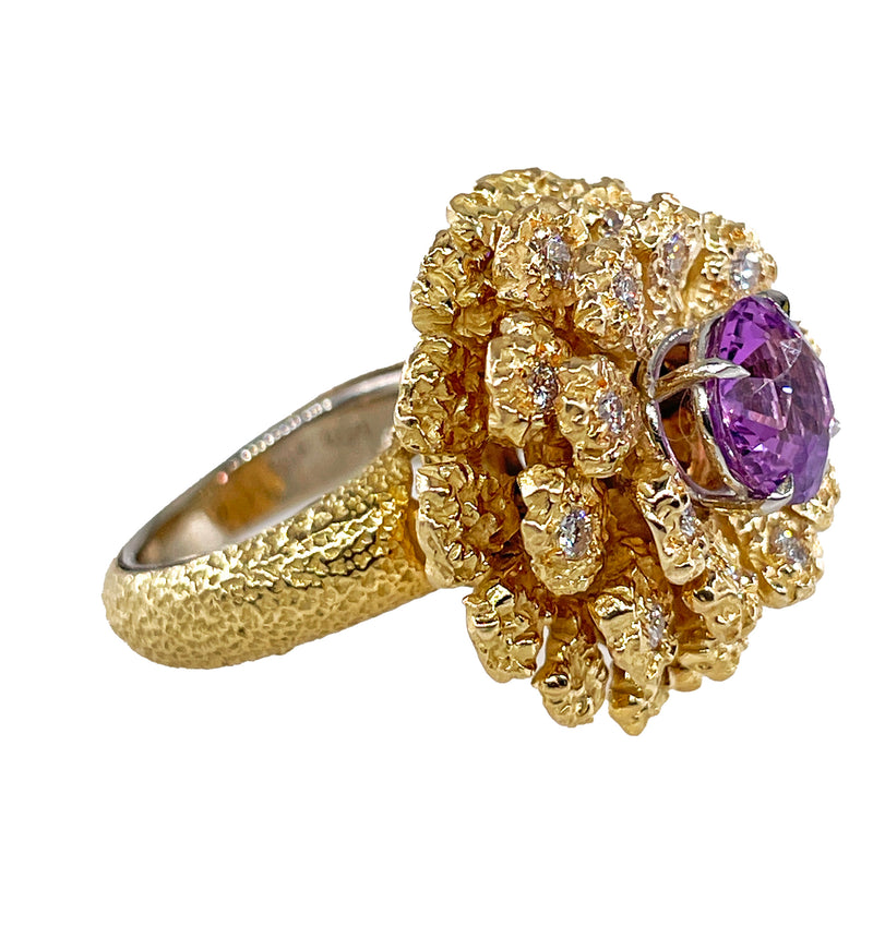 GIA 2.75ctw Natural Unheated Pink Sapphire Diamond 18K Gold Vintage Flower Cocktail Ring, 1960s