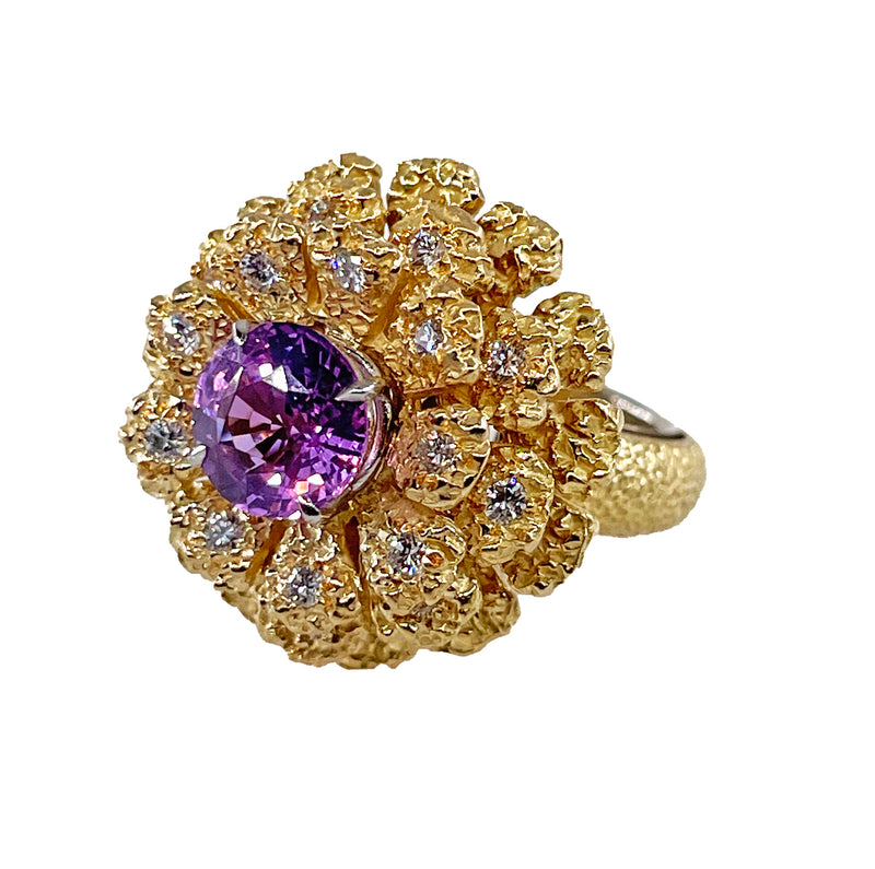 GIA 2.75ctw Natural Unheated Pink Sapphire Diamond 18K Gold Vintage Flower Cocktail Ring, 1960s