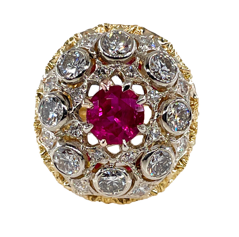 Burmese GIA 2.53ctw Natural Red RUBY Diamond 18K Gold Vintage Cocktail Ring, 1970s