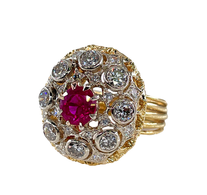 Burmese GIA 2.53ctw Natural Red RUBY Diamond 18K Gold Vintage Cocktail Ring, 1970s