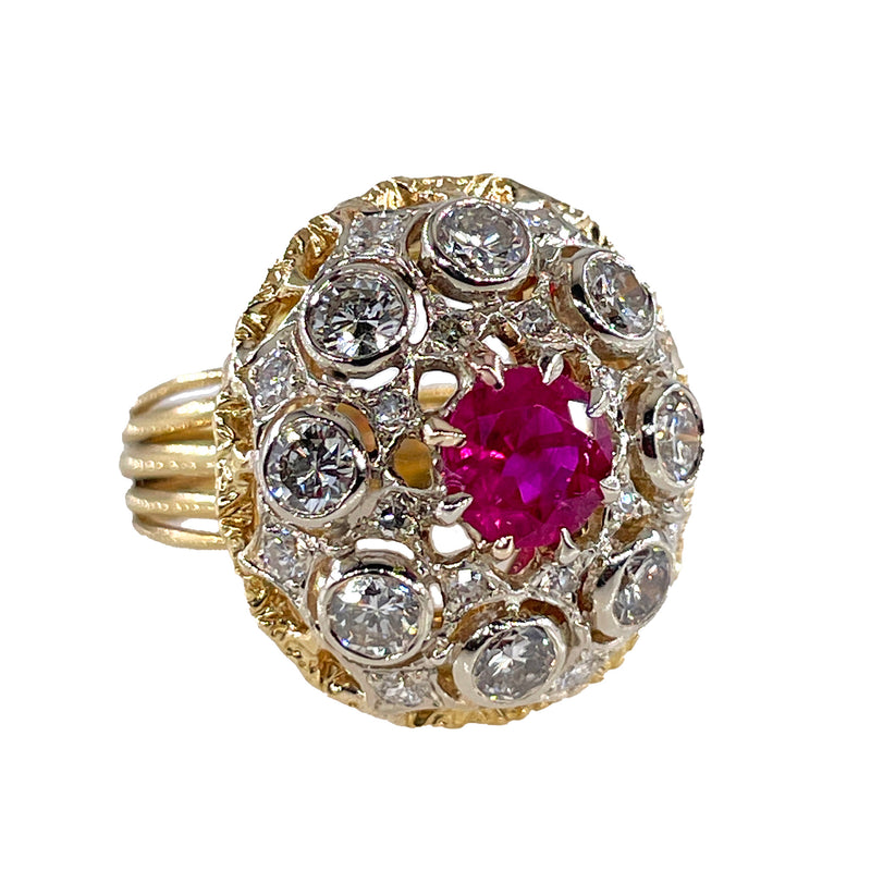 Burmese GIA 2.53ctw Natural Red RUBY Diamond 18K Gold Vintage Cocktail Ring, 1970s