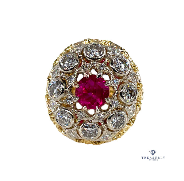 Burmese GIA 2.53ctw Natural Red RUBY Diamond 18K Gold Vintage Cocktail Ring, 1970s