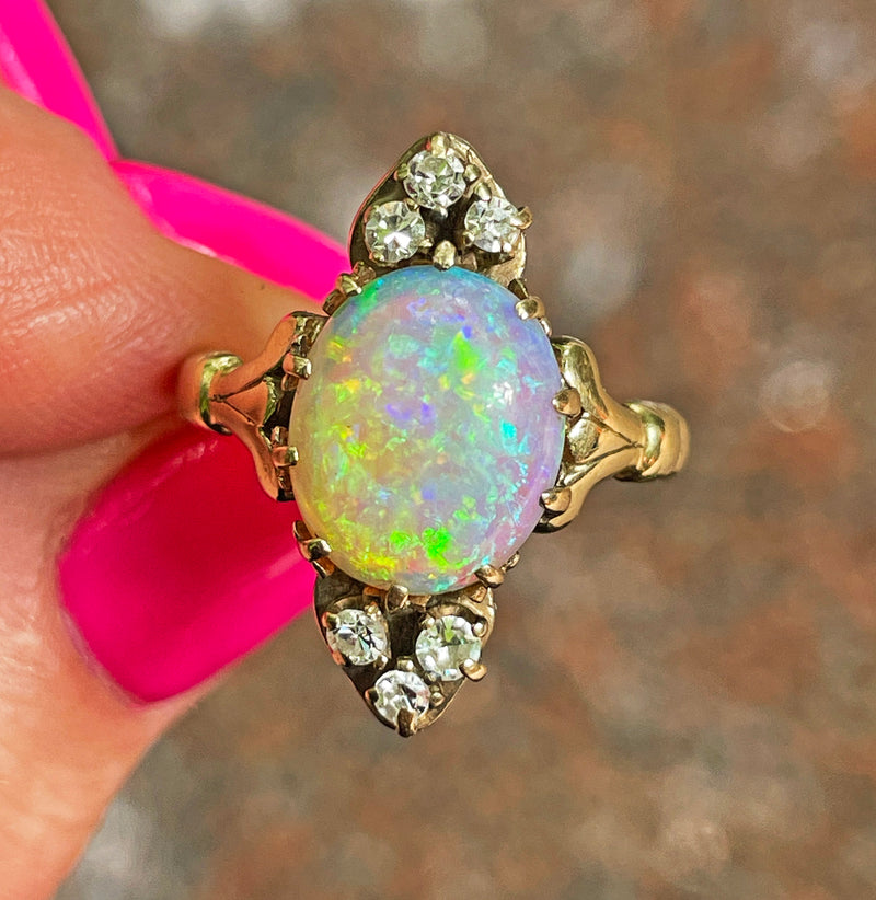 Victorian Antique 3.57ctw Opal Diamond 14K Yellow Gold Dinner Cocktail Ring