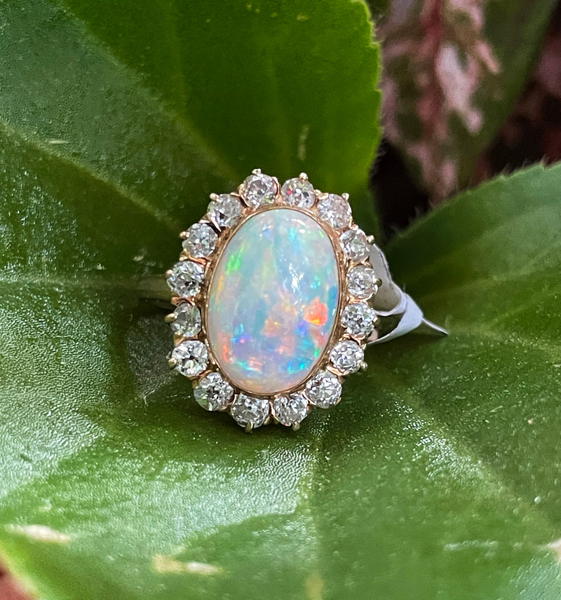 1900s 5.82ct Authentic Antique Australian Opal and Diamond Cluster Cocktail 18K Yellow Gold Ring