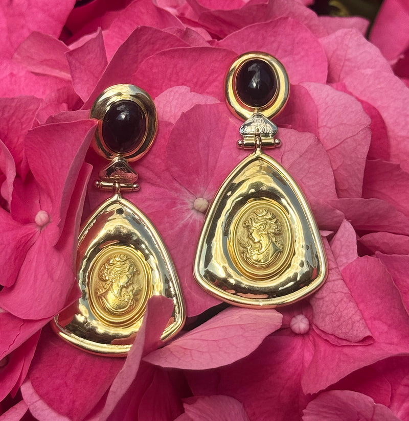 Estate Italian "ALEXIA" 18KT Yellow Gold Etruscan Style Cameo Etching Black Onyx Dangle Drop Earrings