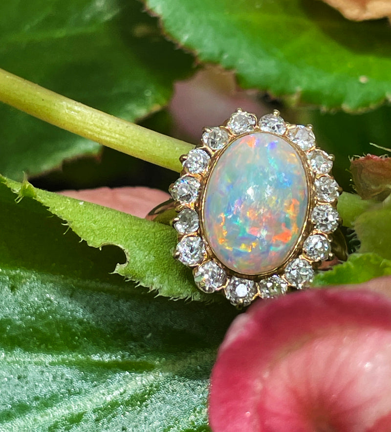 1900s 5.82ct Authentic Antique Australian Opal and Diamond Cluster Cocktail 18K Yellow Gold Ring