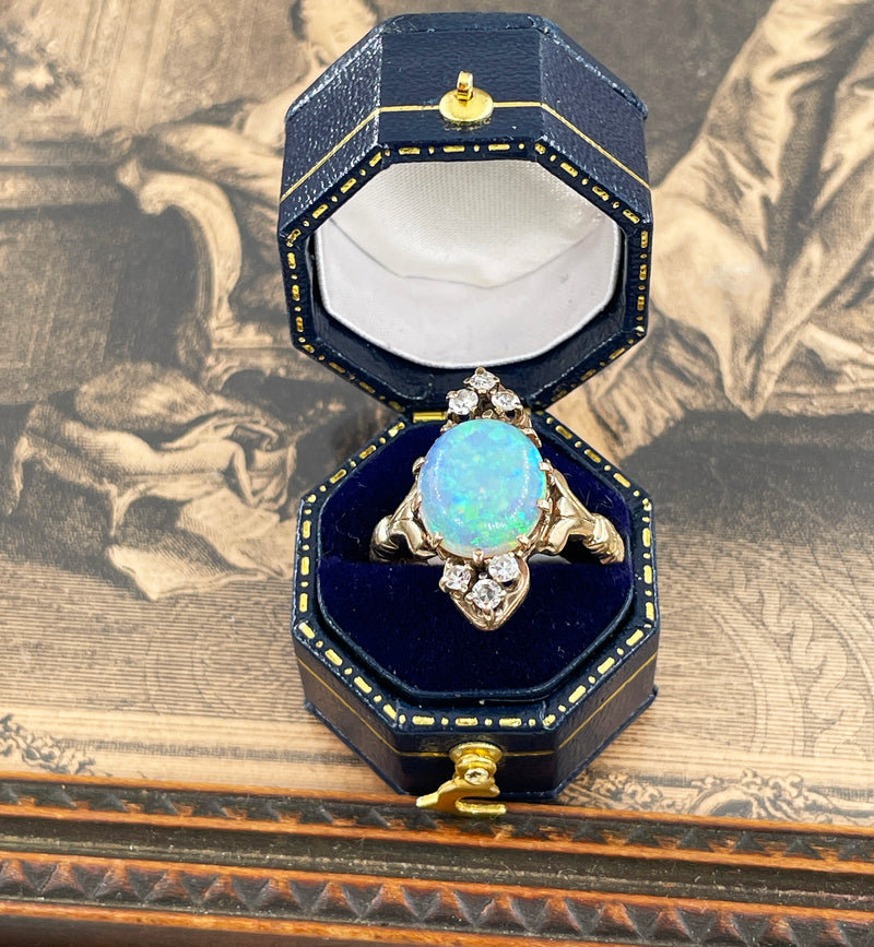 Victorian Antique 3.57ctw Opal Diamond 14K Yellow Gold Dinner Cocktail Ring