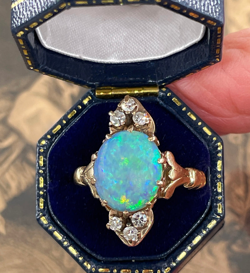 Victorian Antique 3.57ctw Opal Diamond 14K Yellow Gold Dinner Cocktail Ring