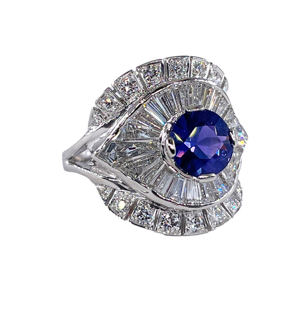 Vintage GIA 4.38ctw Natural Color-Change PURPLE No-Heat Round Sapphire Diamond Platinum Cocktail Cluster Dinner Ring